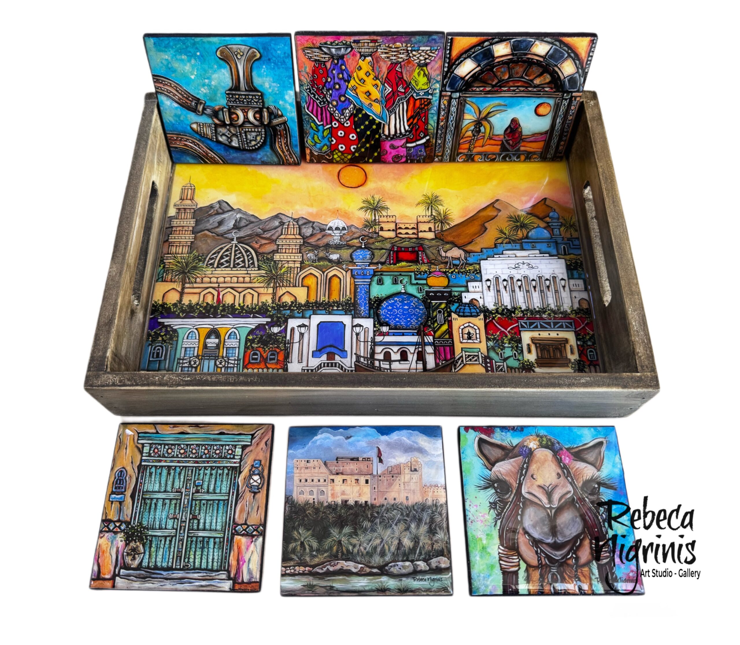 Artistic wooden Tray & Six Coasters Gift Set