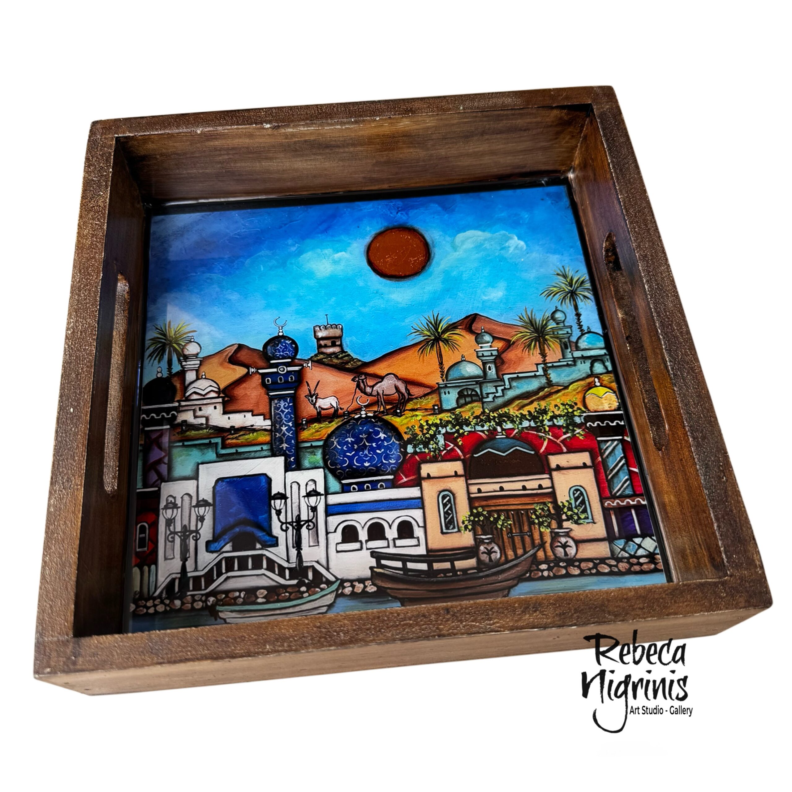 Artistic Wooden Serving Tray – Handcrafted with Original Art & Epoxy Resin Finish (22×22 cm