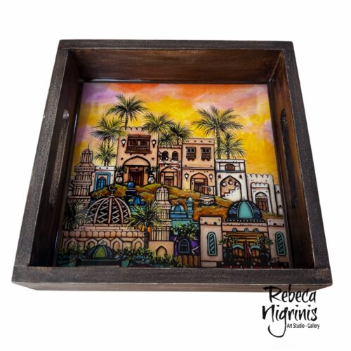 Artistic Wooden Serving Tray – Handcrafted with Original Art & Epoxy Resin Finish (22x22 cm)