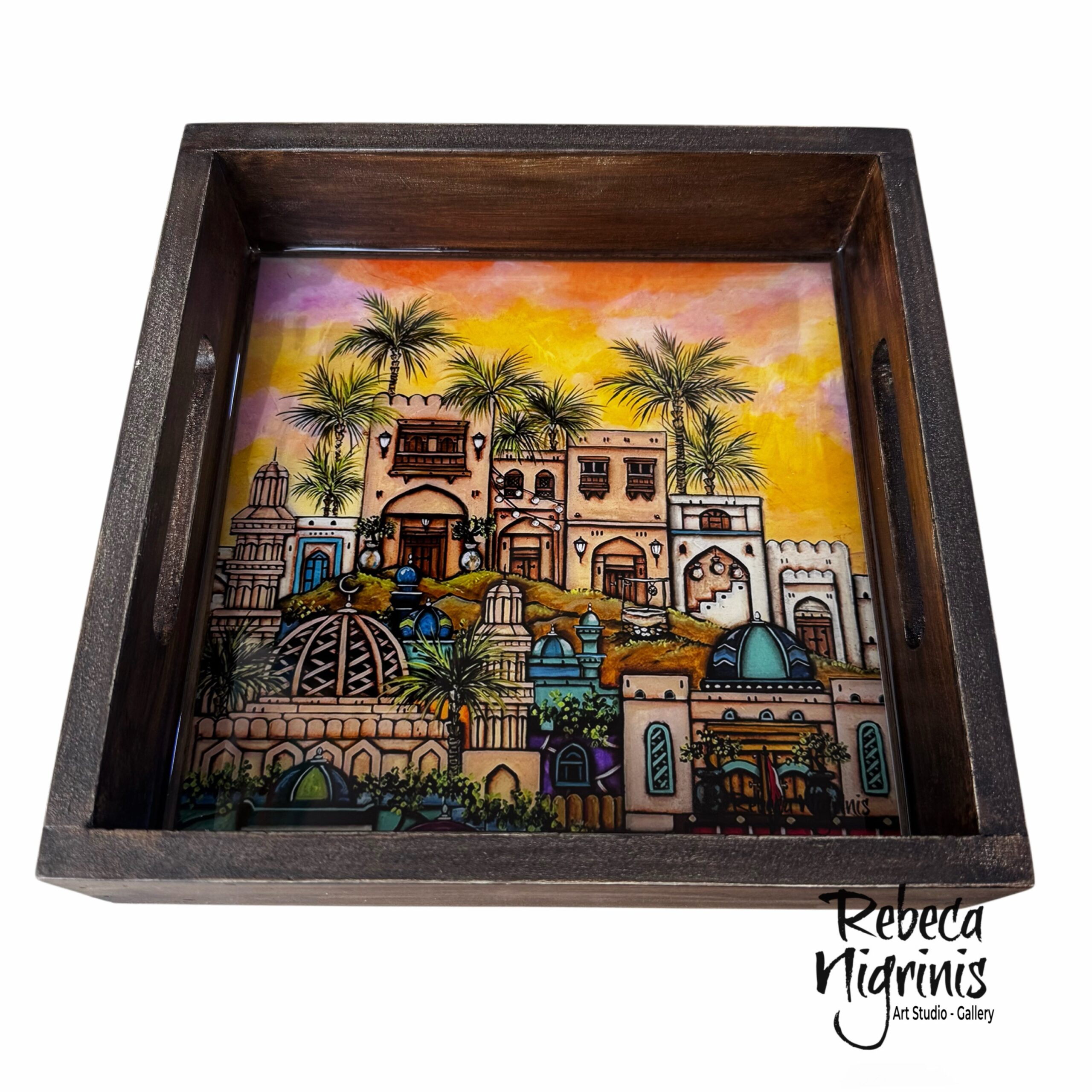 Artistic Wooden Serving Tray – Handcrafted with Original Art & Epoxy Resin Finish (22×22 cm)