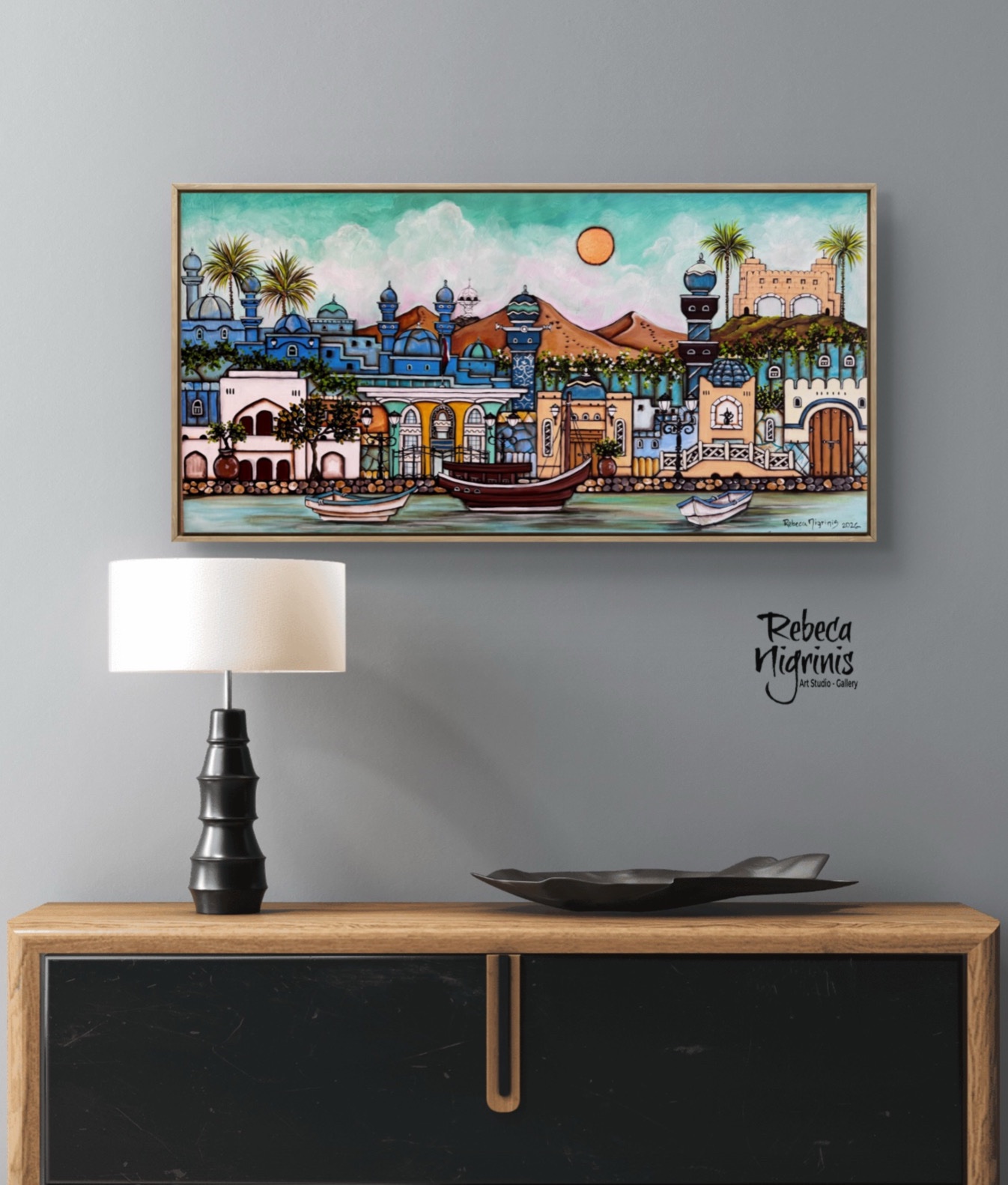 Original Acrylic Painting on Canvas – Oman in Aquamarine Tones (100×50 cm)