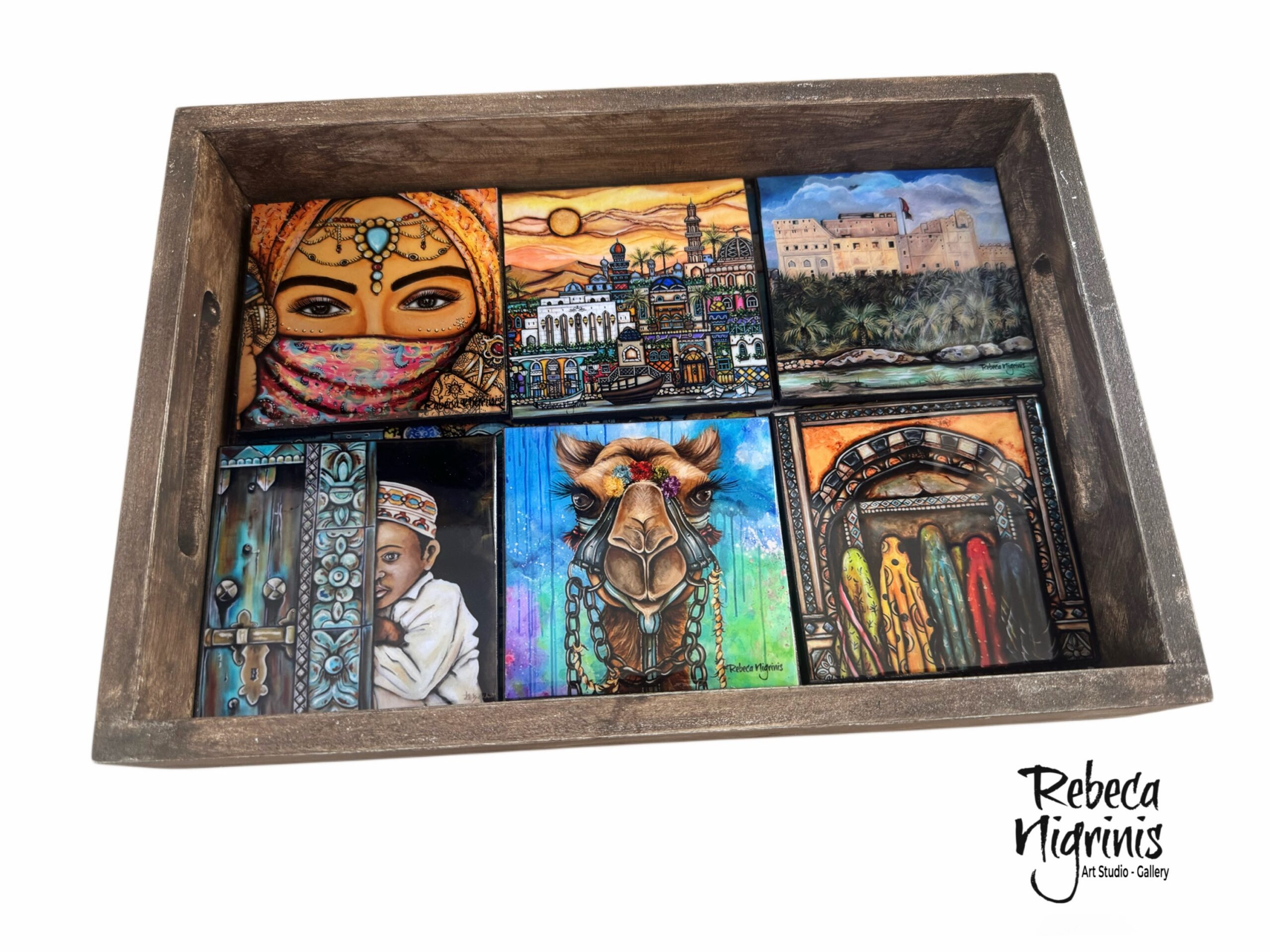 Artistic wooden Tray & Six Coasters Gift Set