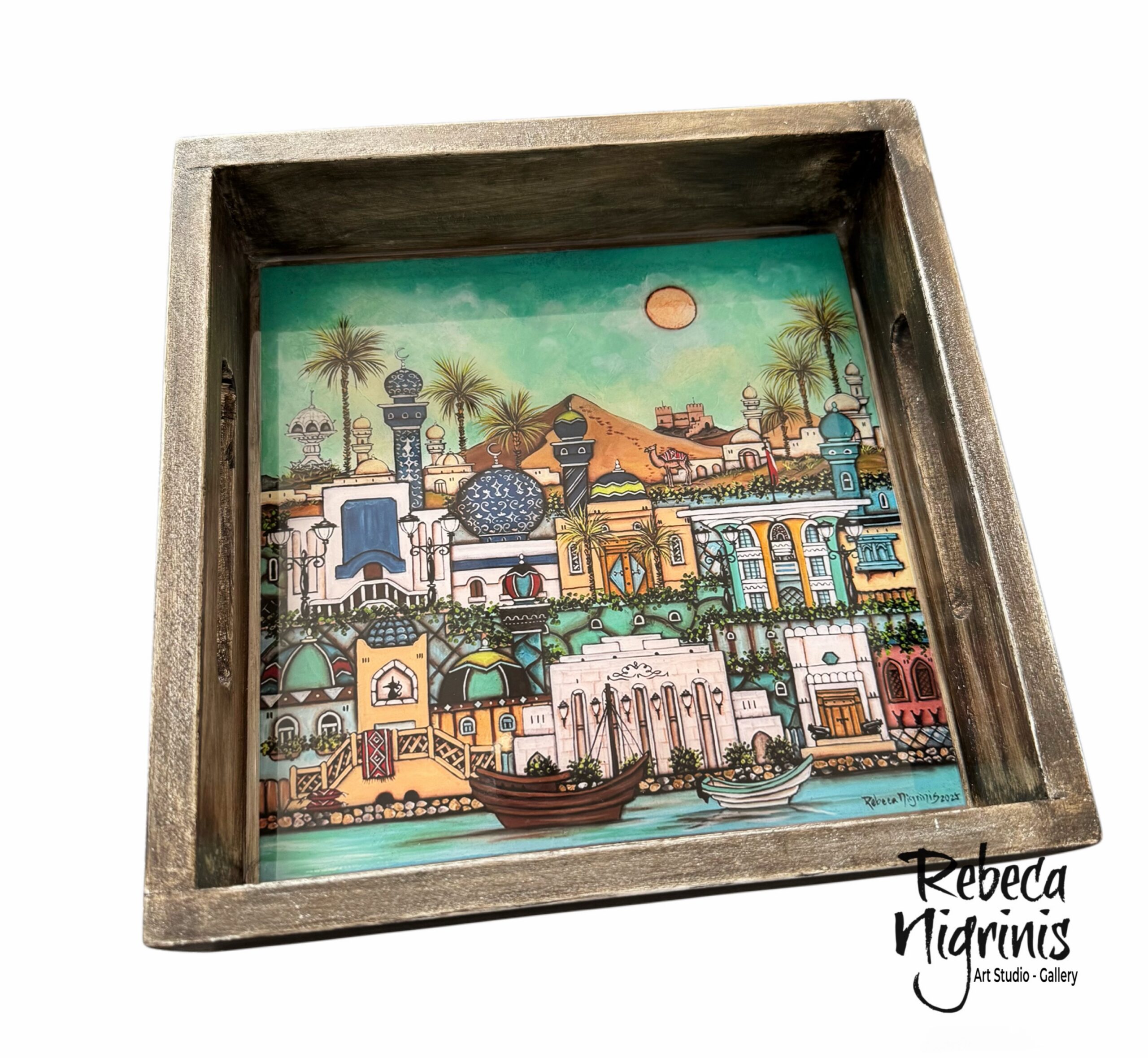 Artistic Wooden Serving Tray – Handcrafted with Original Art & Epoxy Resin Finish (22×22 cm)
