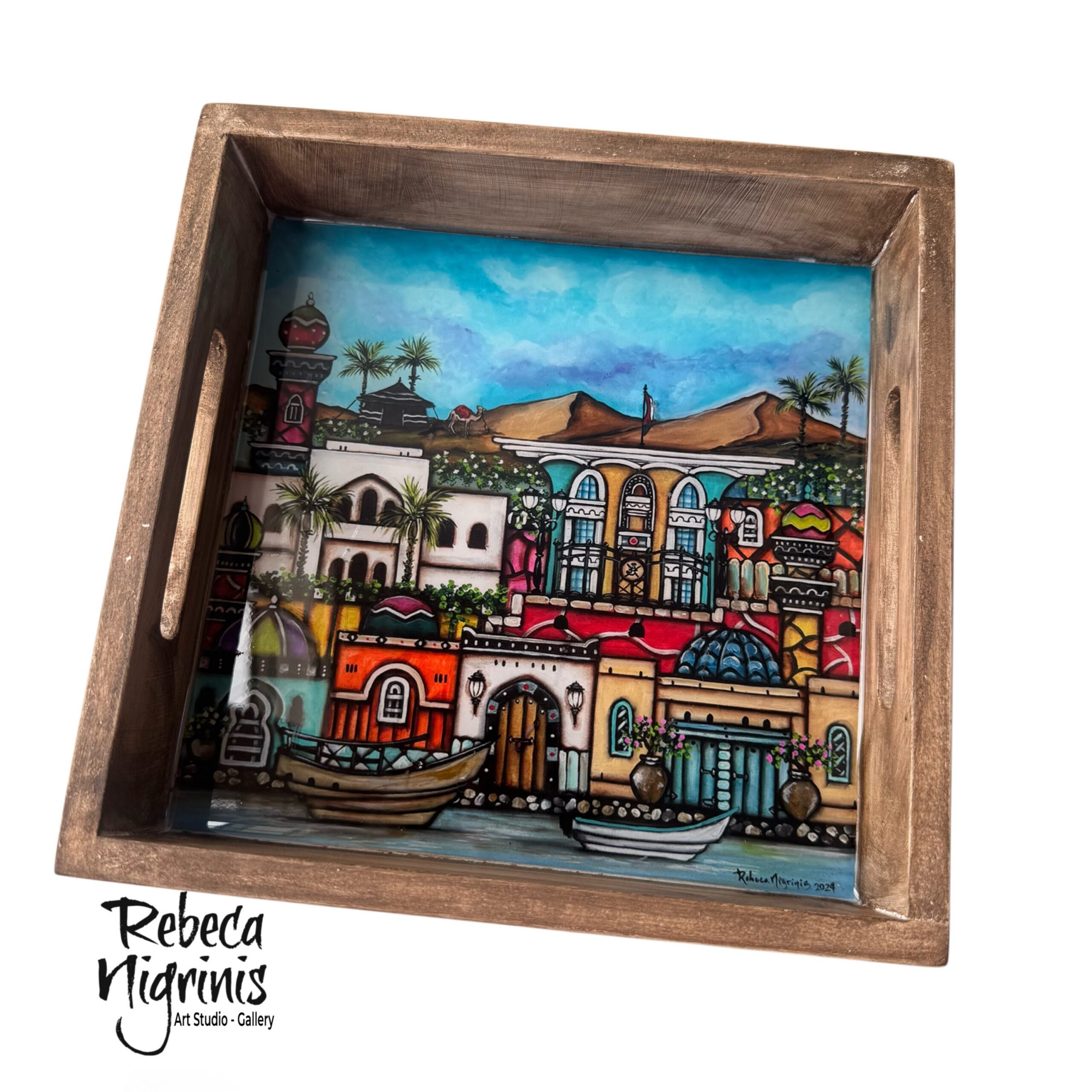Artistic Wooden Serving Tray – Handcrafted with Original Art & Epoxy Resin Finish (22×22 cm)