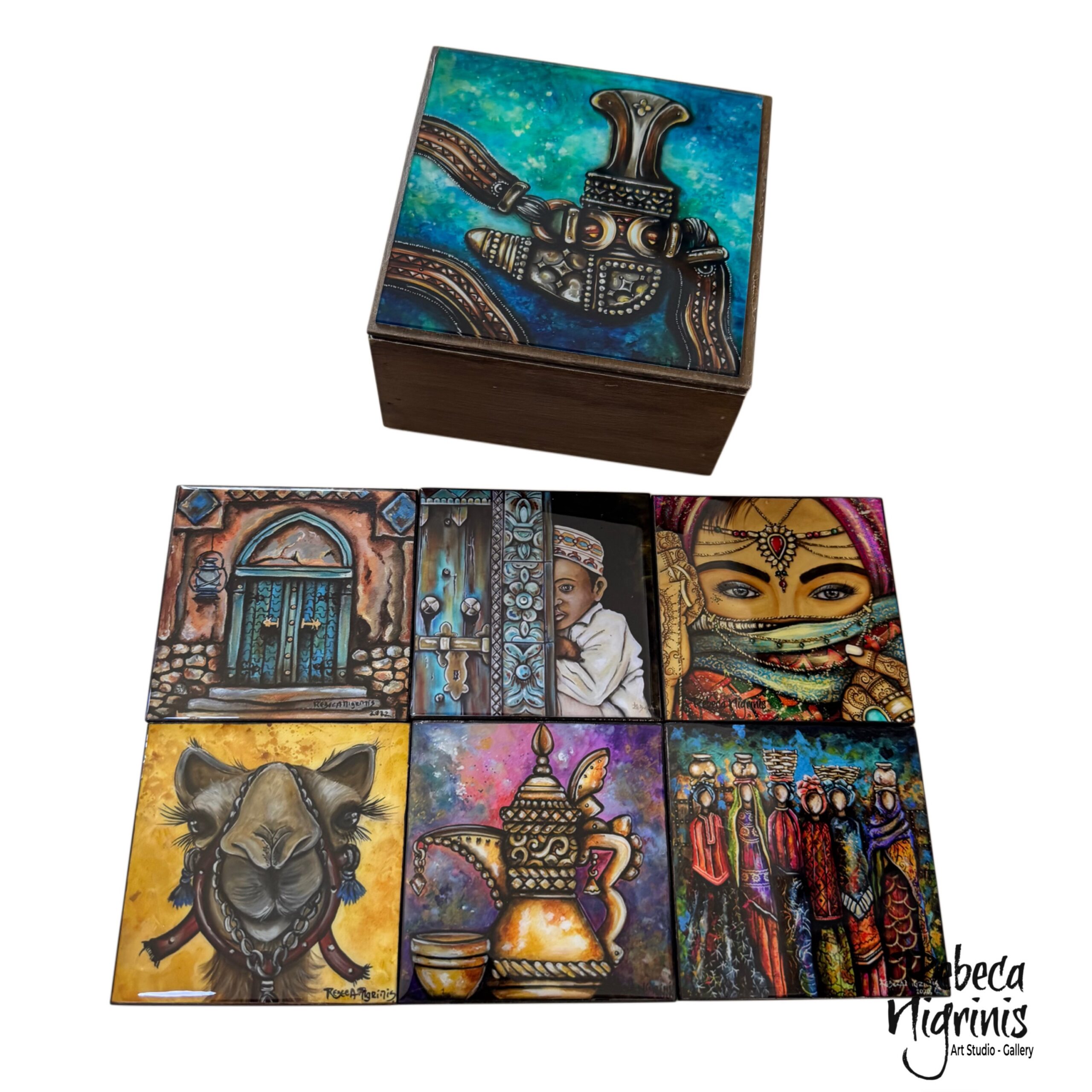 Oman-Inspired Wooden Coaster Set with Decorative Storage Box – Khanjar