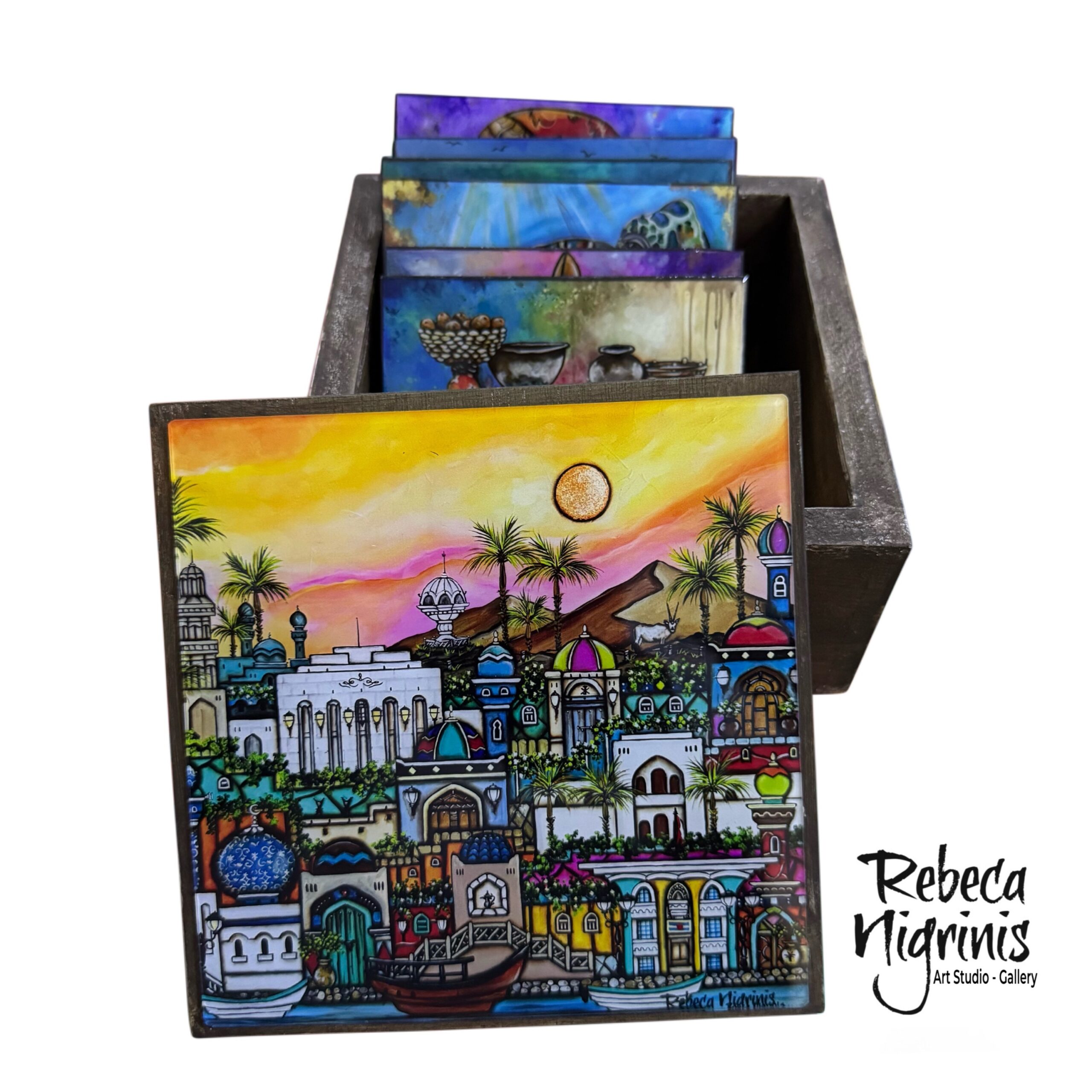 Oman-Inspired Wooden Coaster Set with Decorative Storage Box