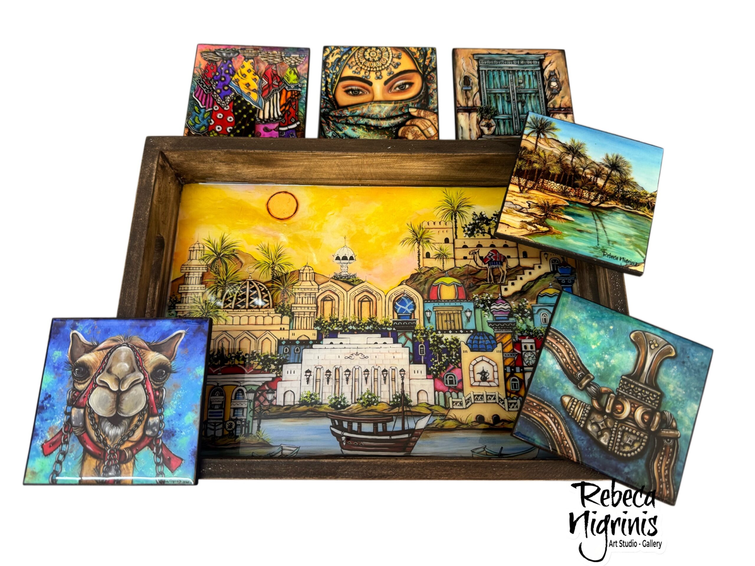 Artistic wooden Tray & Six Coasters – Gift Set / Oman Sunset