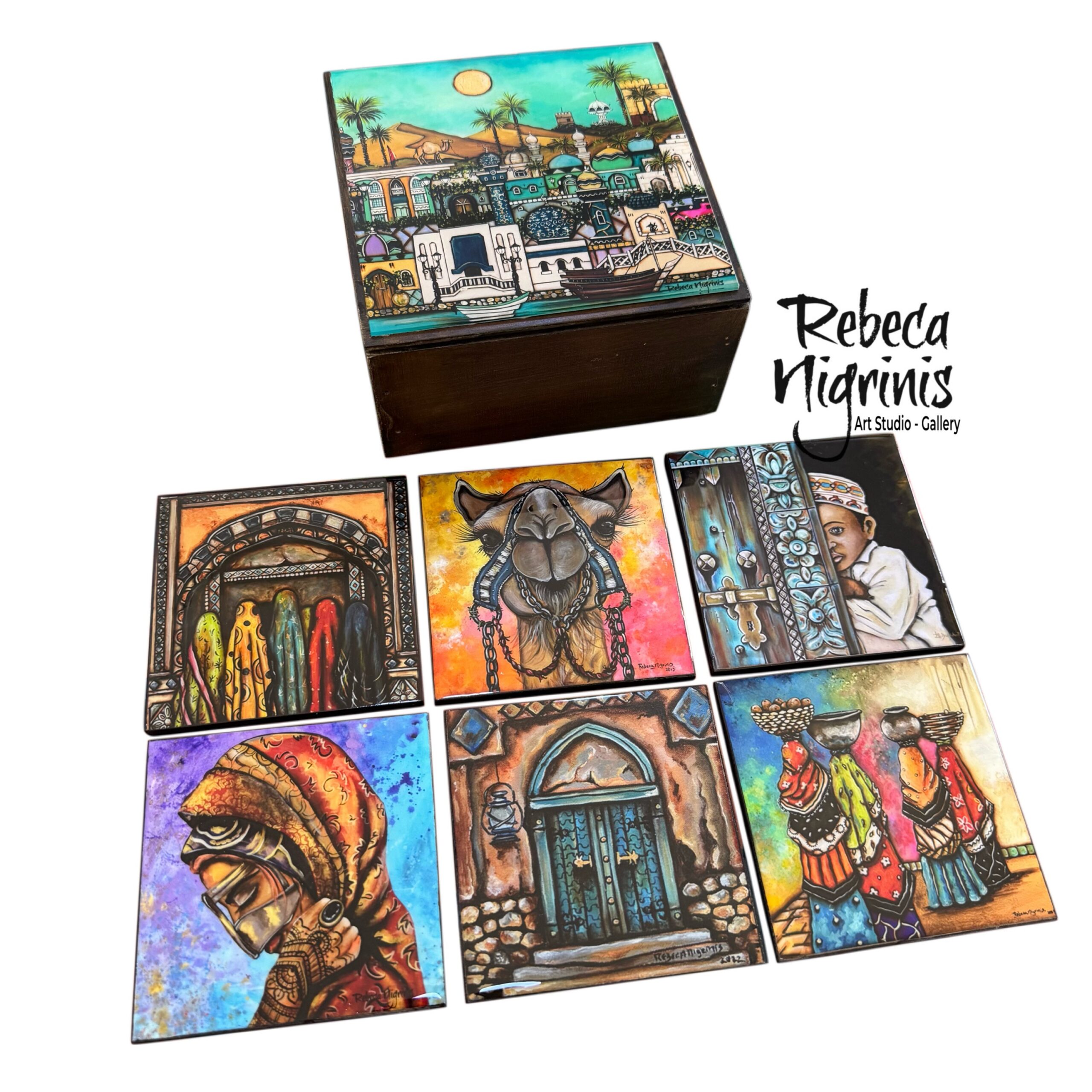 Oman-Inspired Wooden Coaster Set with Decorative Storage Box