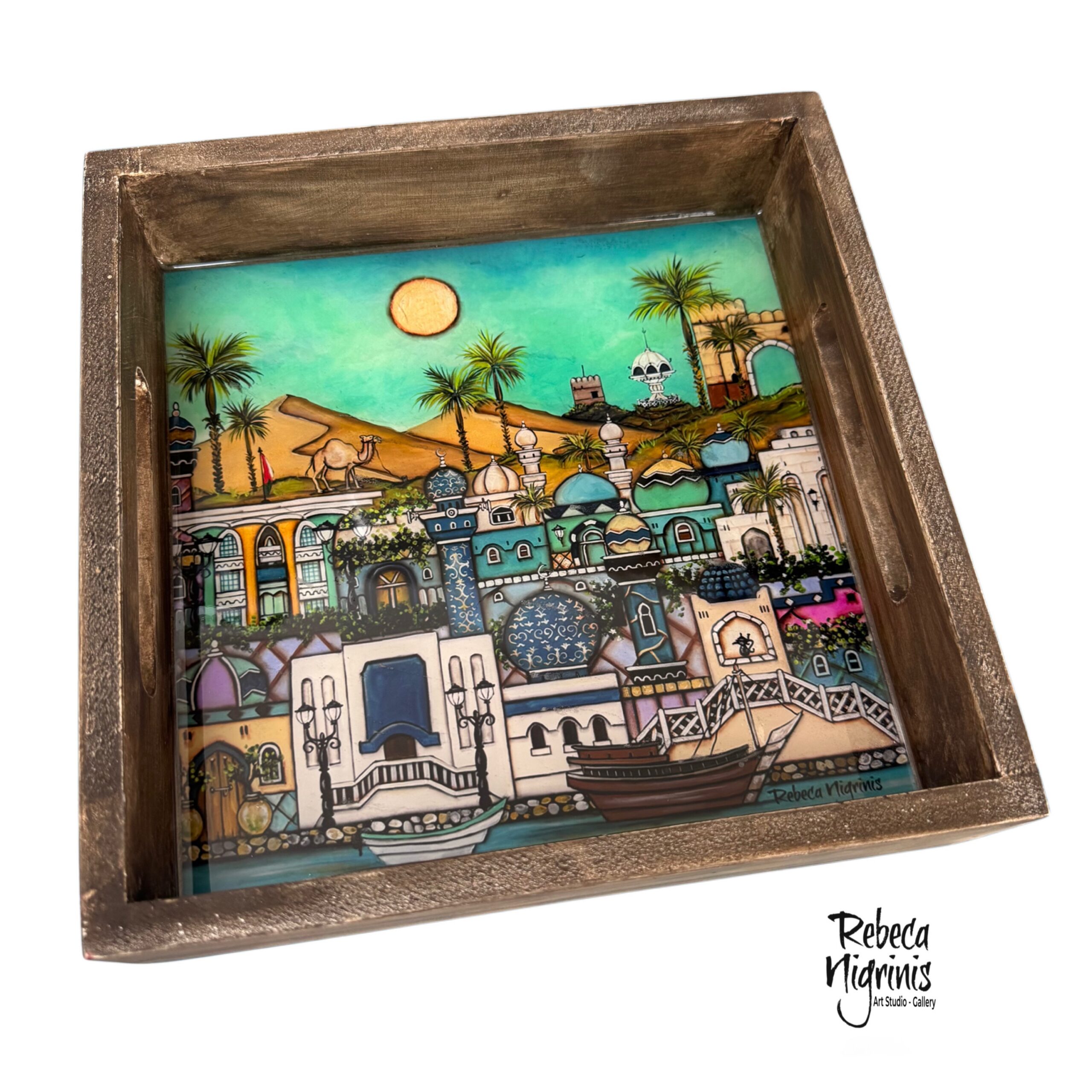 Artistic Wooden Serving Tray – Handcrafted with Original Art & Epoxy Resin Finish (22×22 cm)