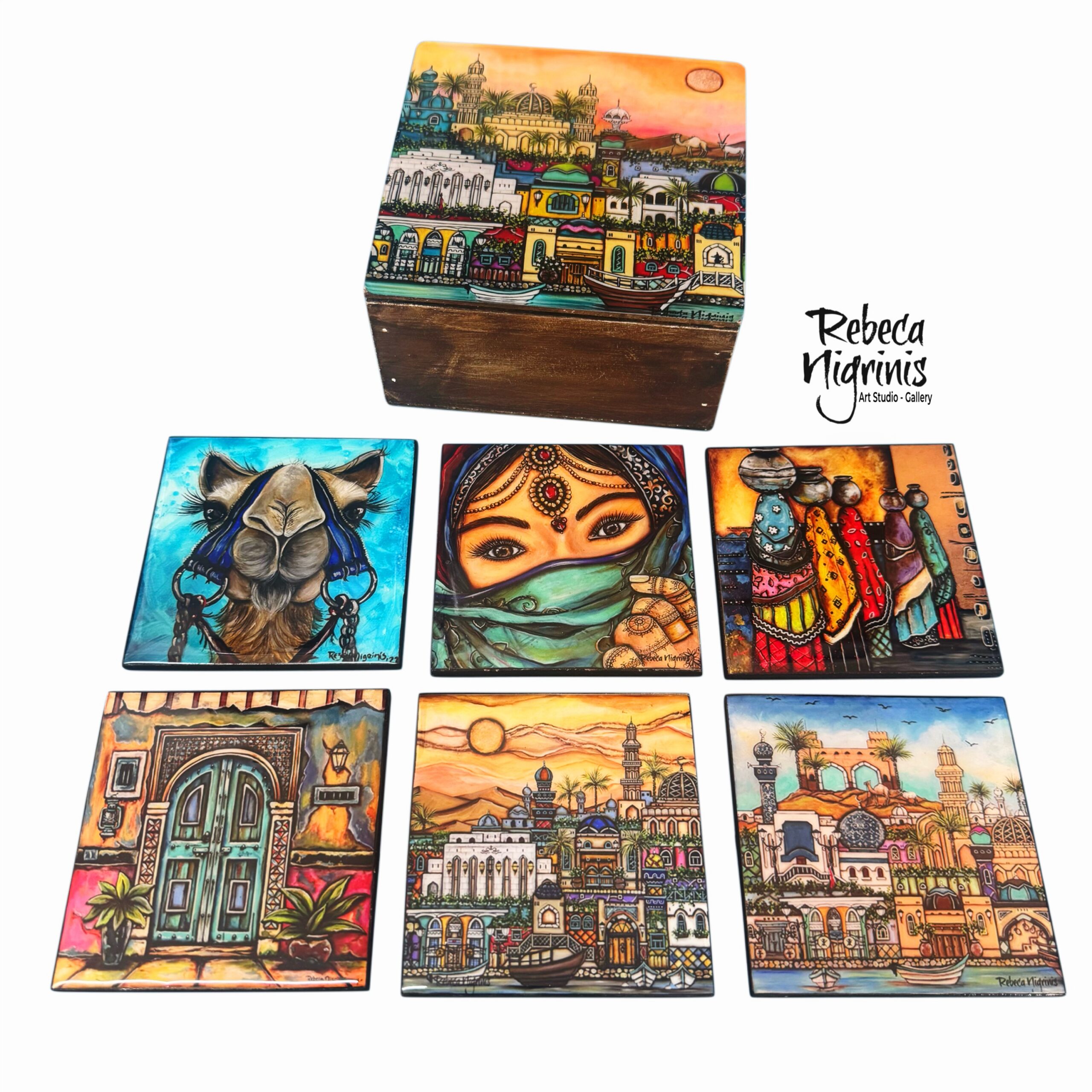 Oman-Inspired Wooden Coaster Set with Decorative Storage Box