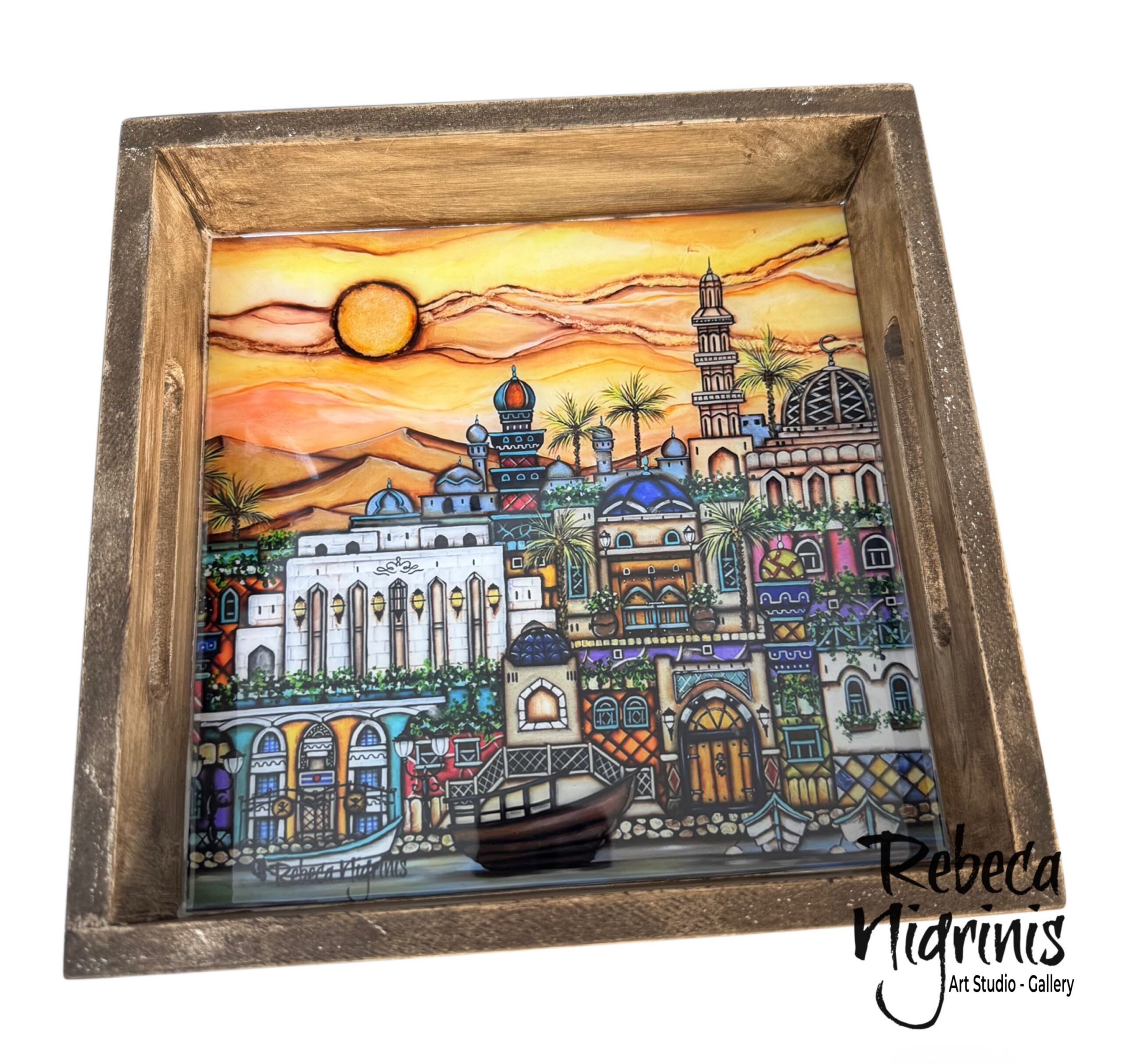 Artistic Wooden Serving Tray – Handcrafted with Original Art & Epoxy Resin Finish (22×22 cm)