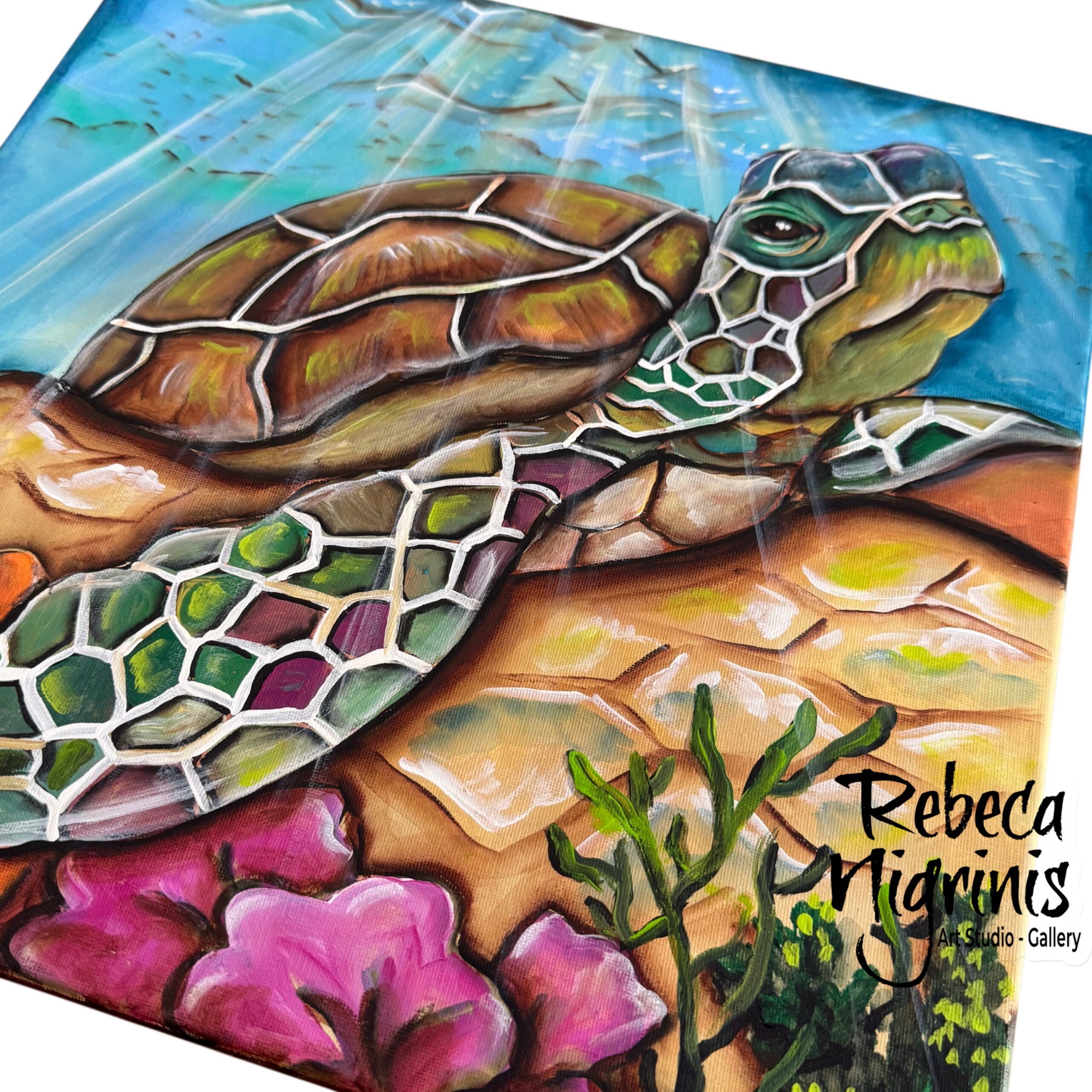 Original artwork on canvas 40×40 cm – Green turtle