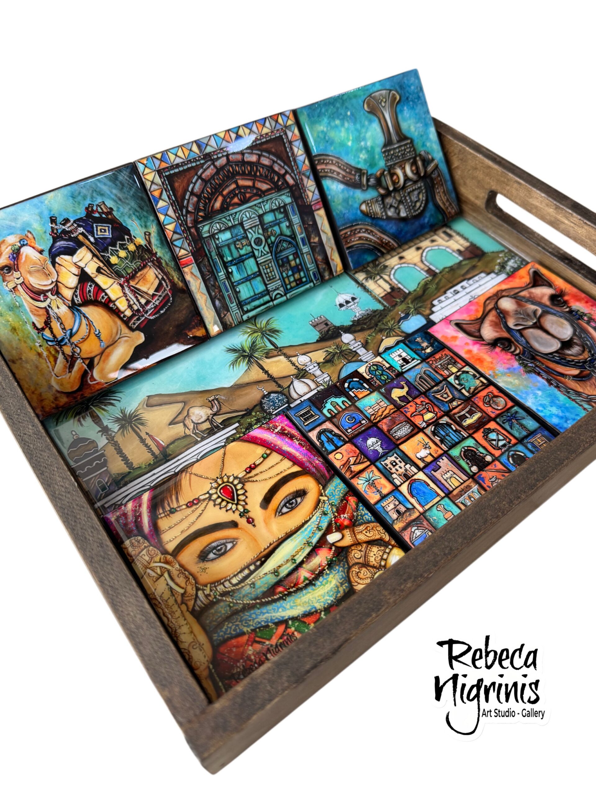 Artistic wooden Tray & Six Coasters Gift Set