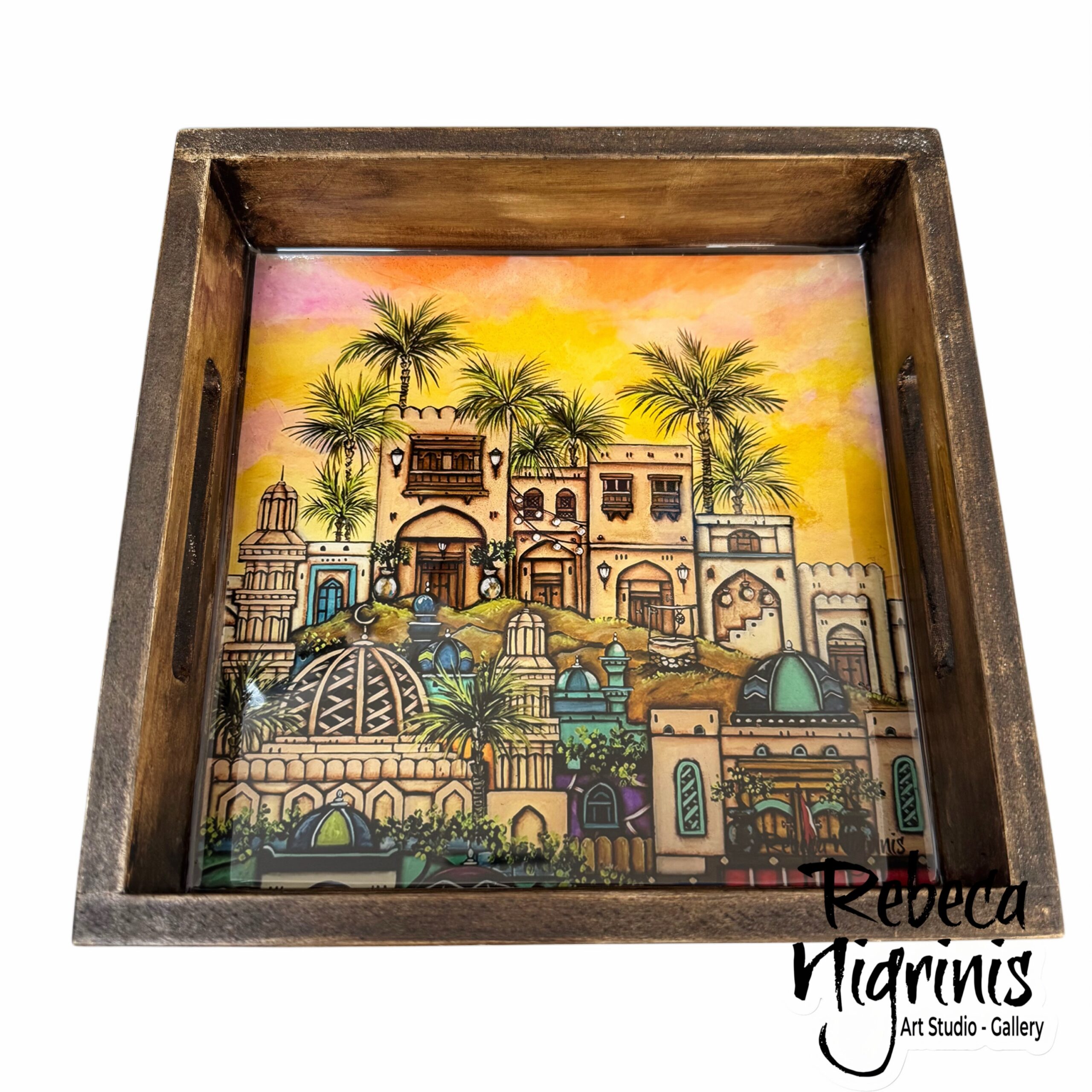 Artistic Wooden Serving Tray – Handcrafted with Original Art & Epoxy Resin Finish (22×22 cm)
