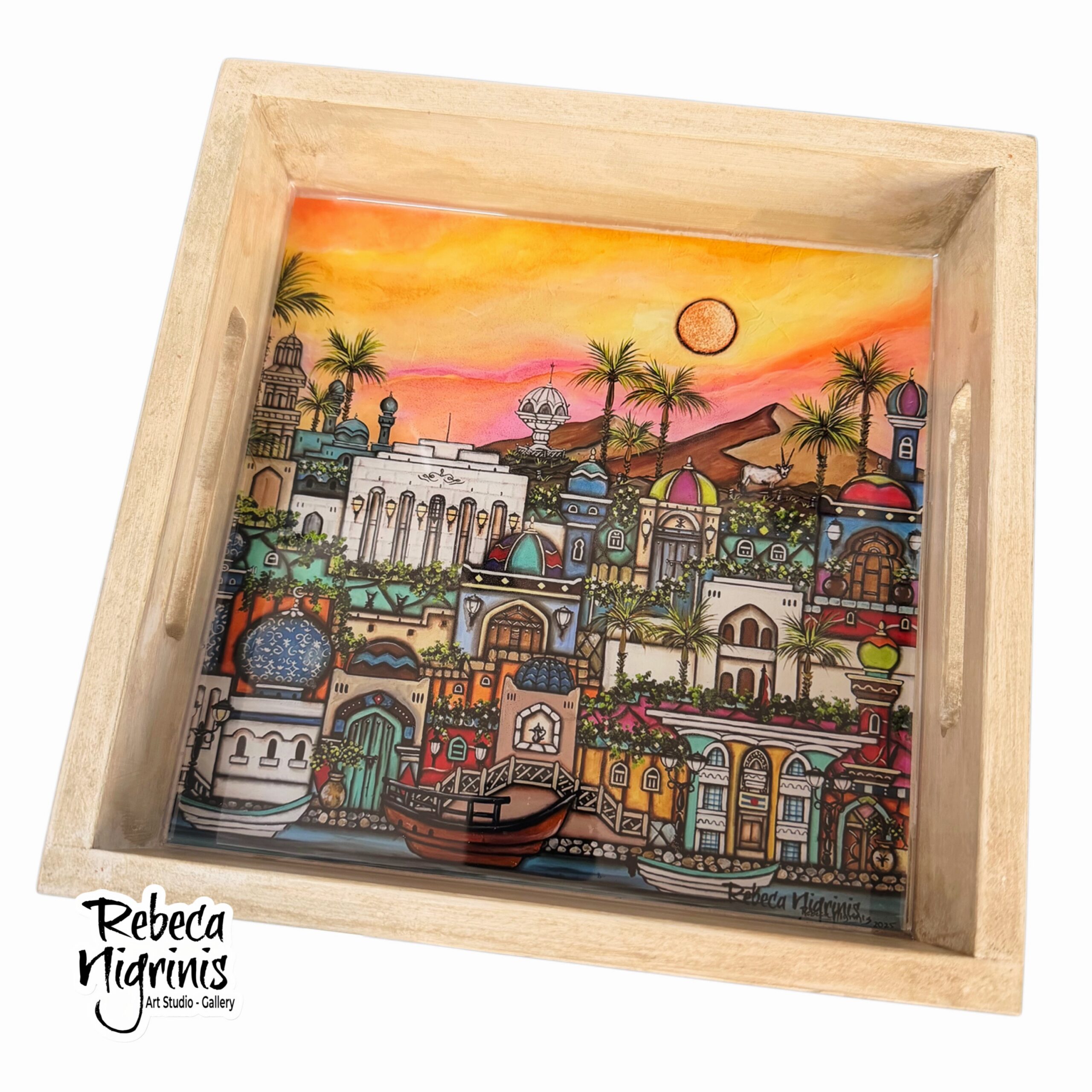 Artistic Wooden Serving Tray – Handcrafted with Original Art & Epoxy Resin Finish (22×22 cm)