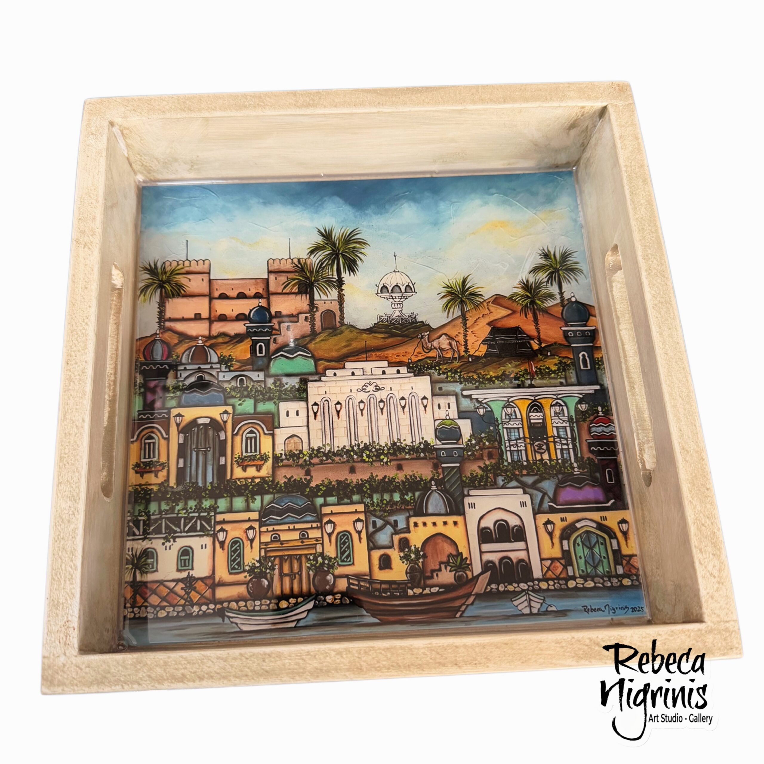 Artistic Wooden Serving Tray – Handcrafted with Original Art & Epoxy Resin Finish (22×22 cm)